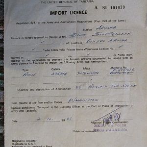 Old Import license for Tanzania in 1985