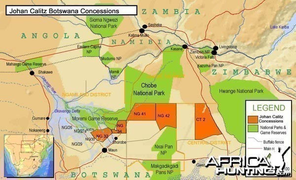 Map of Hunting Concessions of Johan Calitz Safaris in Botswana