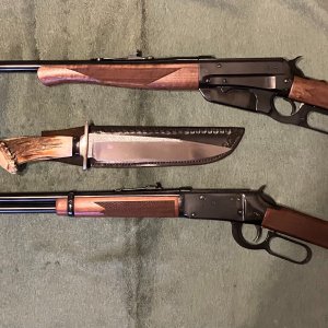 Media '1895 405 Winchester & Big Bore 1894 375 Winchester Rifles And Custom Bowie Knife.jpeg' in category 'Weapon & Ammunition'