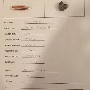 Recovered Bullet Data for Lioness