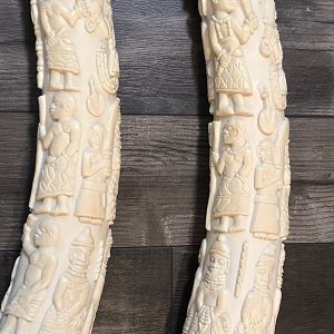 Two Pairs Of Ornate Carved African Elephant Tusks