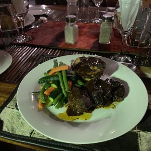Springbok filets, macaroni and sautéed vegetables