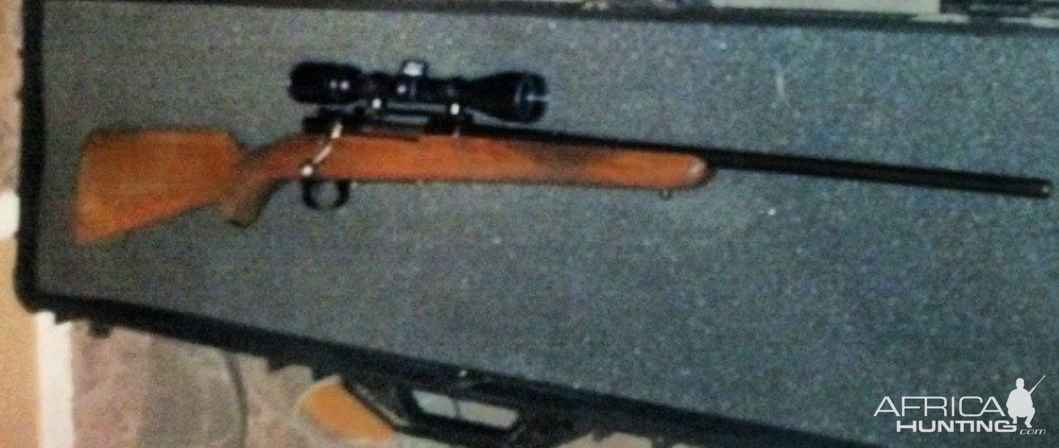 .338 Winchester Magnum rifle built on an FN Mauser action with a straight stock and a Douglas barrel