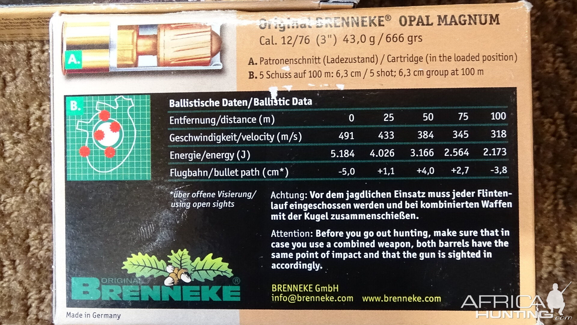 Brenneke Opal Magnum 12ga 3", 666 gr, 5184Joule/3822 ft.-lbs