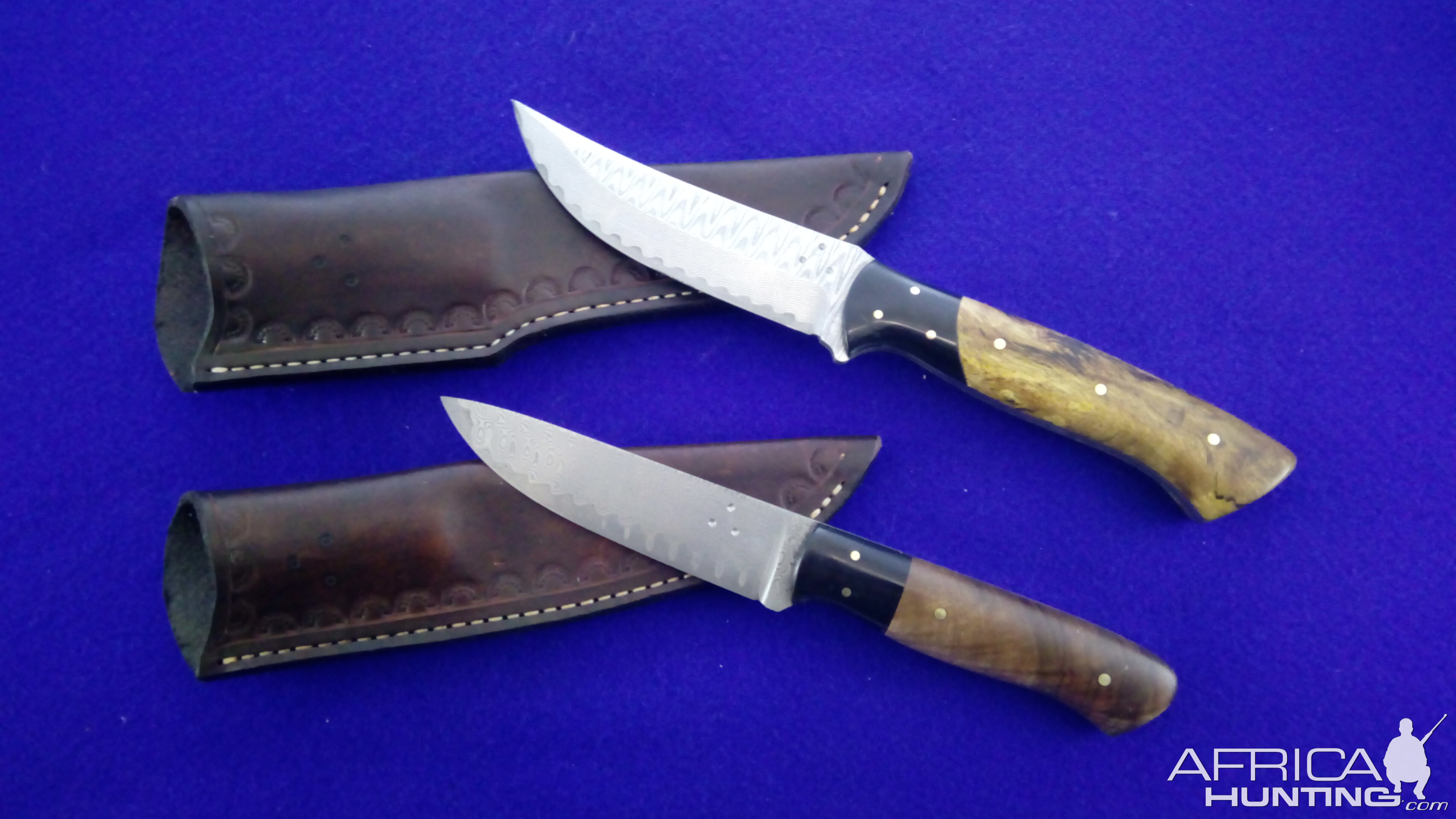 Damascus Light Hunter Knife & Modified Buffalo Skinner Knife