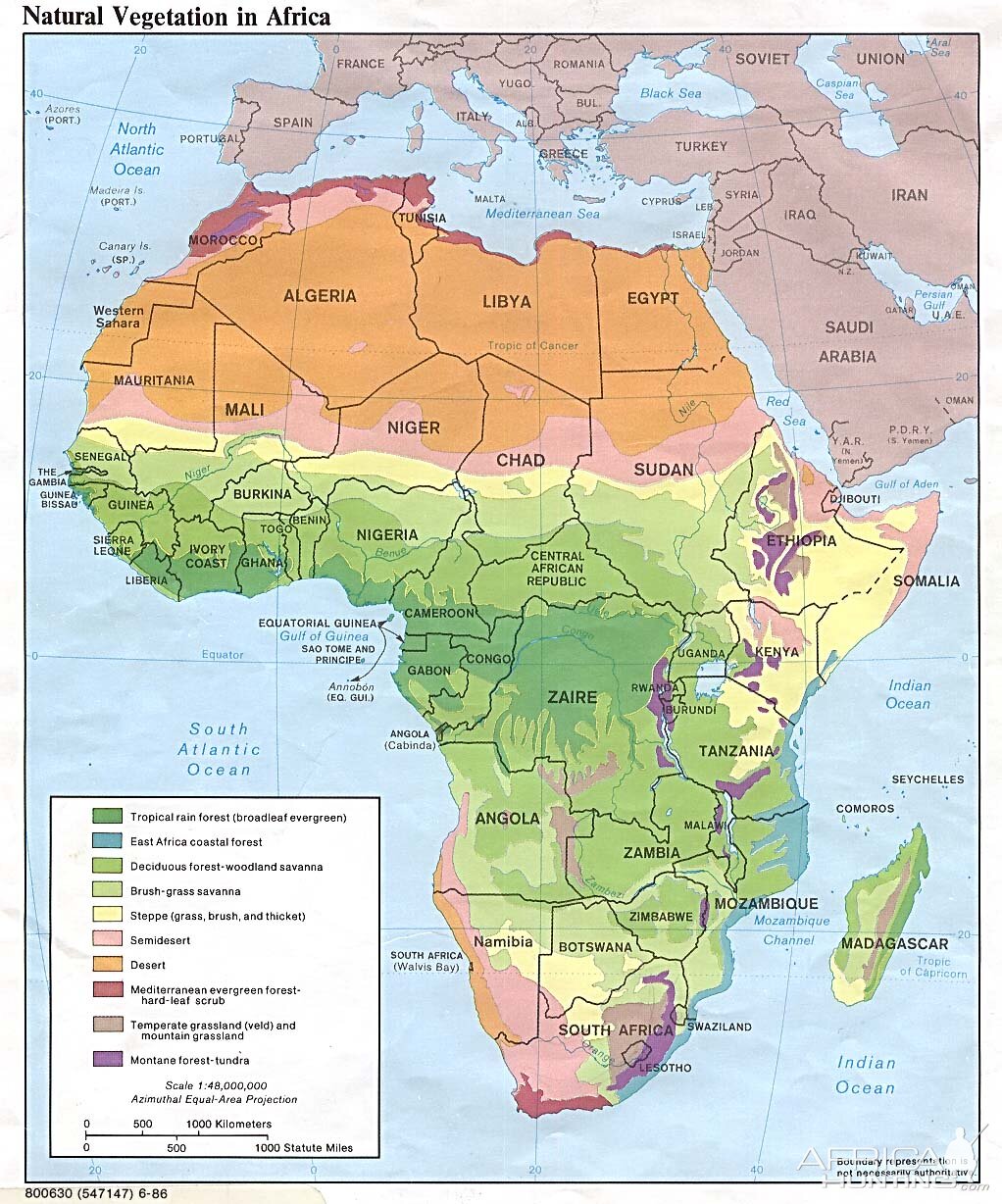 Map of Africa showing the "macro" vegetation types  AfricaHunting.com