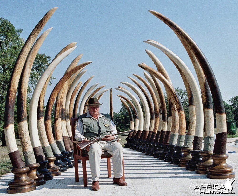 Marc Pechenart (1927-2008) with the tusks of his best 17 trophy elephants