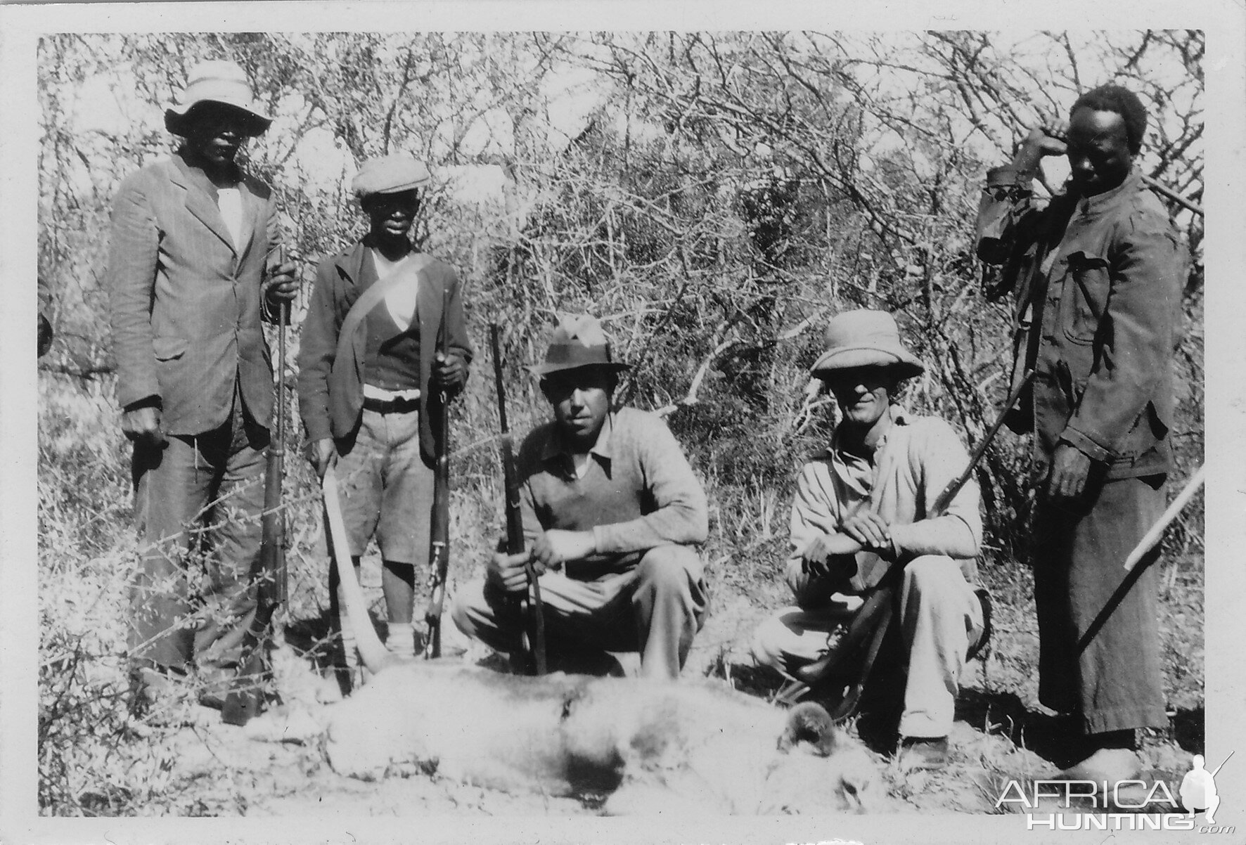 My Grandfather JS Vermaak in 1935 (kneeling on left), either in Mozambique or in the North Eastern region of SA near KNP