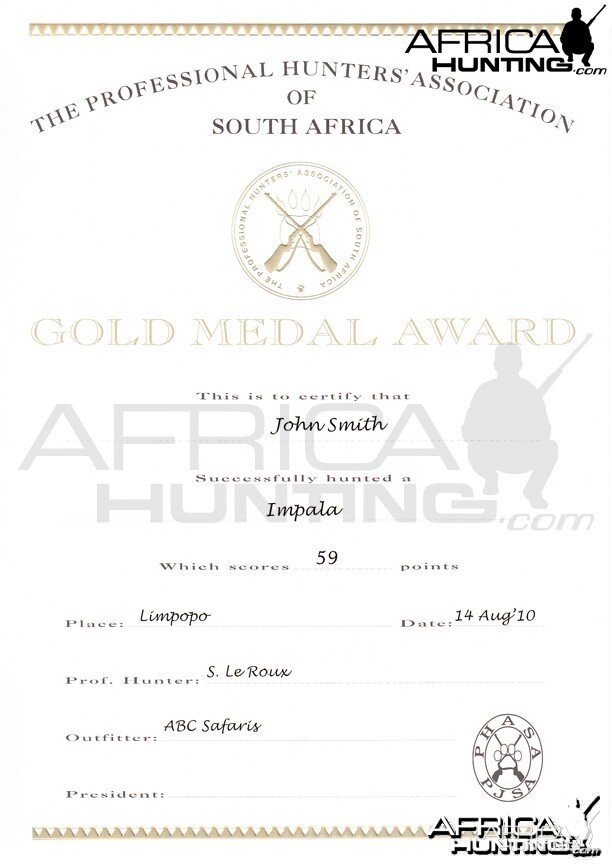 Professional Hunters' Association of South Africa (PHASA) Medal Certificate