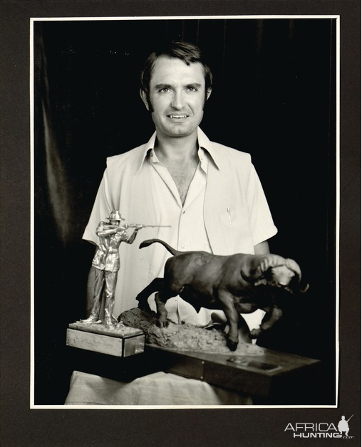 Robin Hurt with the 'Shaw and Hunter Trophy,' after guiding on a 54-inch buffalo-Kenya