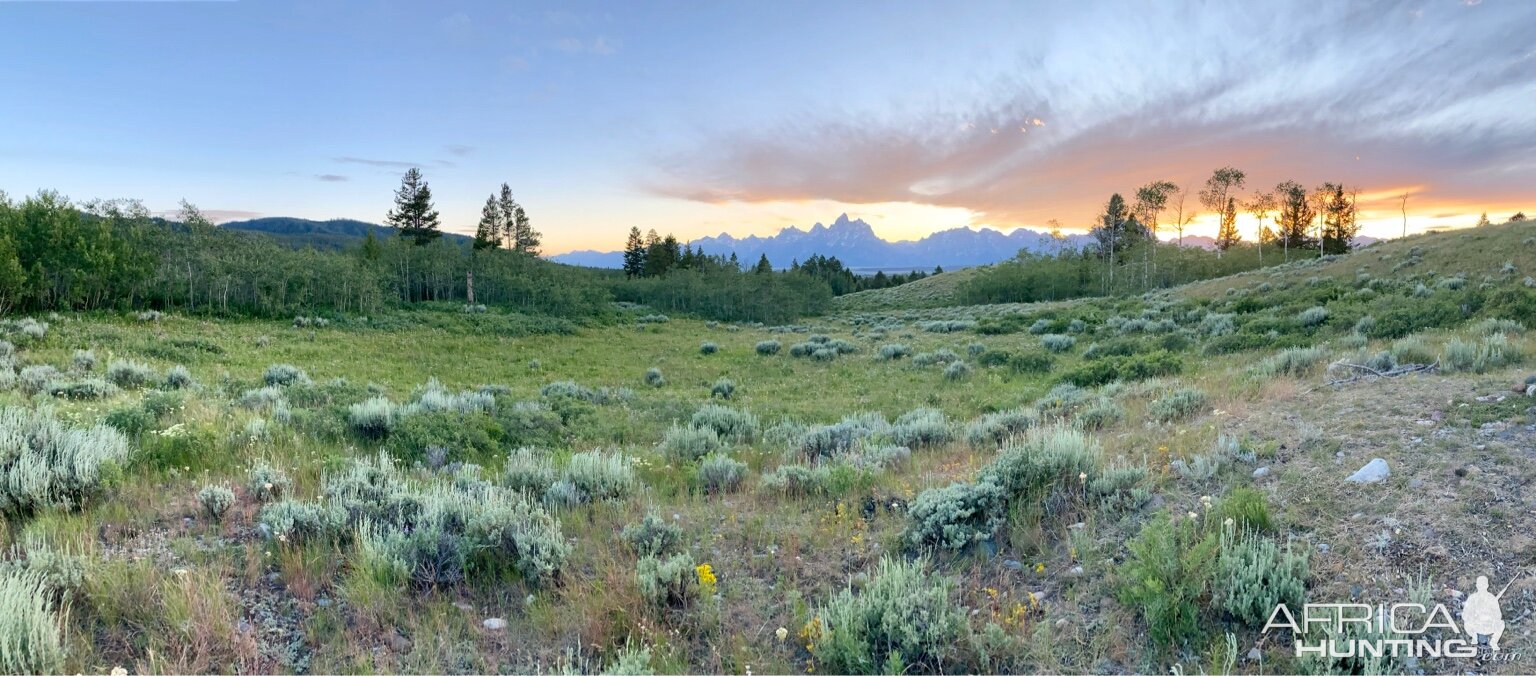 Sunset from camp looking at the Grand Tetons in Wyoming