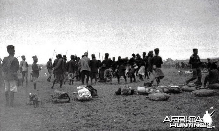 Theodore Roosevelt, porters dancing when breaking camp in Kamiti