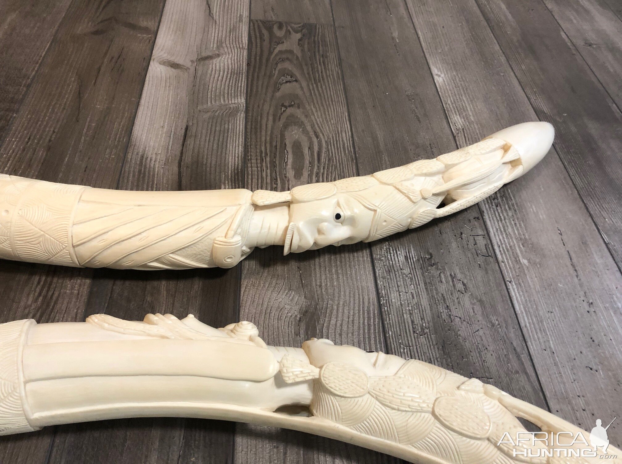 Two Pairs Of Ornate Carved African Elephant Tusks