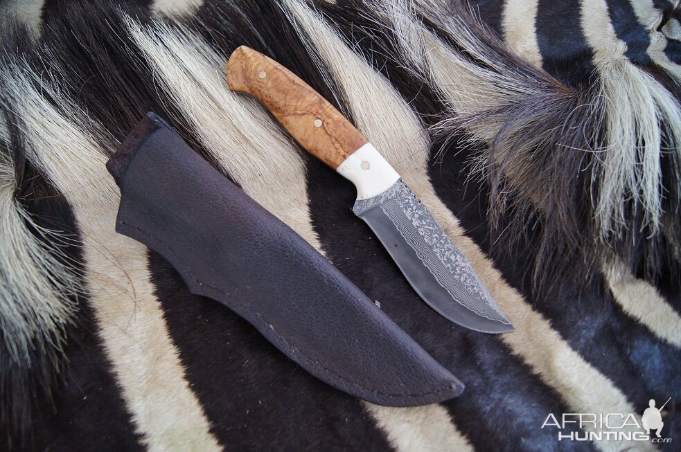 Warthog tusk, Olive wood Knife with Cape Buffalo skin Sheath